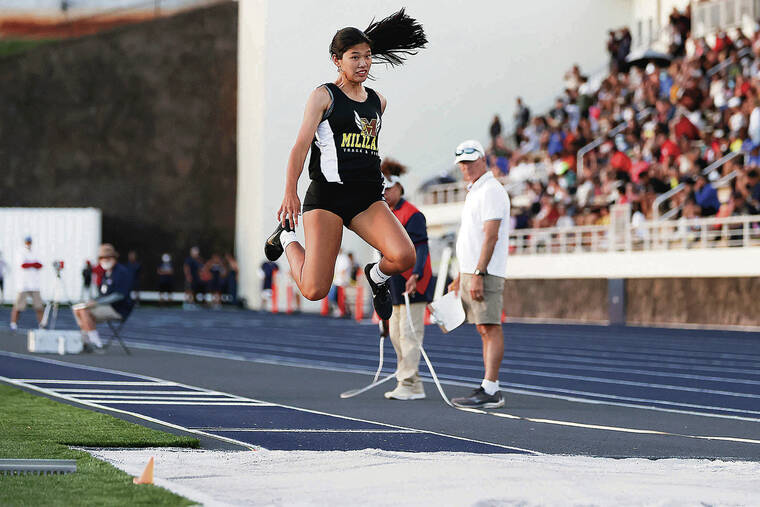 ANDREW LEE / SPECIAL TO THE HONOLULU STAR-ADVERTISER
                                Mililani’s Elle Rimando won the triple jump at 38 feet.