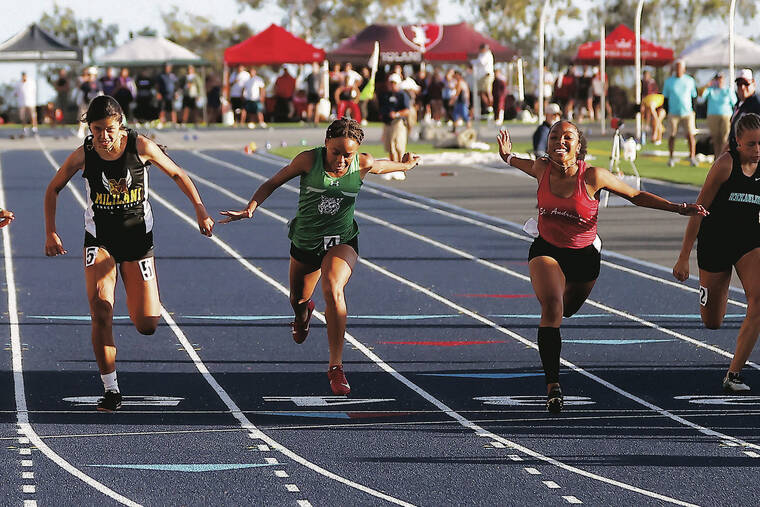 ANDREW LEE / SPECIAL TO THE STAR-ADVERTISER
                                St. Andrew’s Olivia Reed edges out Konawaena’s Caiya Hanks and Mililani’s Elle Rimando to win the girls 100.