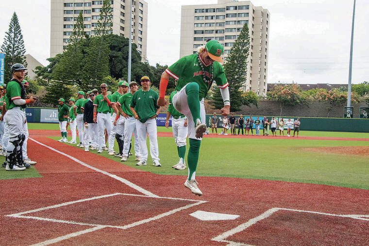 CRAIG T. KOJIMA / CKOJIMA@STARADVERTISER.COM 
                                Scotty Scott stomped on home plate during UH senior festivities after Hawaii defeated Cal Poly to complete its season.