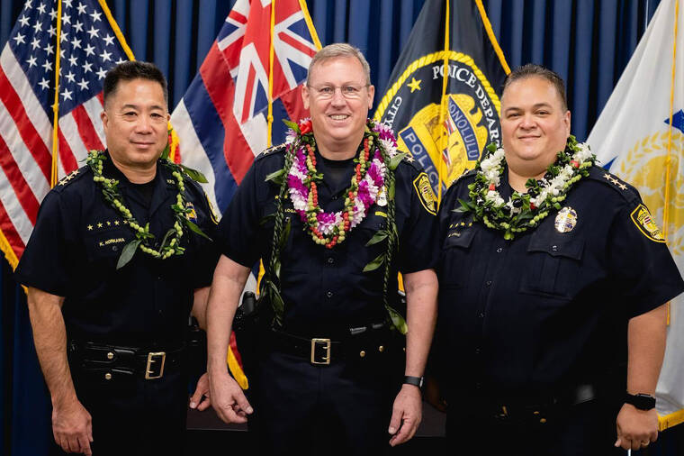COURTESY HPD
                                Arthur “Joe” Logan, center, was sworn in as the Honolulu Police Department’s 12th chief during a private ceremony today at the Alapai headquarters. Retired HPD Maj. Keith Horikawa, left, and former interim Chief Rade Vanic, right, were also sworn in as Logan’s deputy chiefs.