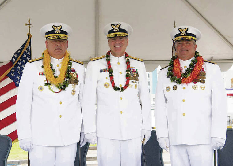 U.S. COAST GUARD
                                Rear Adm. Michael Day, left, relieved Rear Adm. Matthew Sibley, right, as commander of the U.S. Coast Guard 14th District while Vice Adm. Michael McAllister, center, commander, Coast Guard Pacific Area, presided Friday during a change-of-command ceremony at Coast Guard Base Honolulu.