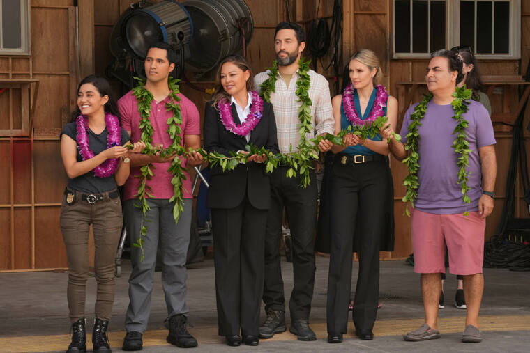 COURTESY CBS
                                “NCIS: Hawai‘i” cast members, from left, Yasmine Al-Bustami, Alex Tarrant, Vanessa Lachey, Noah Mills, Tori Anderson and Jason Antoon participated Monday in a traditional Hawaiian blessing to kick off the filming of its second season at a sound stage on Oahu.