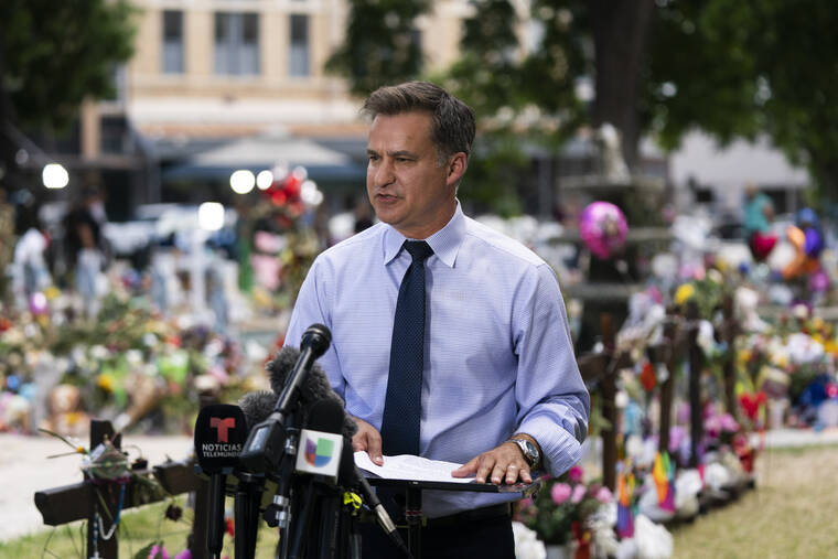 ASSOCIATED PRESS
                                Texas state Sen. Roland Gutierrez speaks during a news conference at a town square in Uvalde, Texas, today. Gutierrez said the commander at the scene of a shooting at Robb Elementary School was not informed of panicked 911 calls from inside the school building.