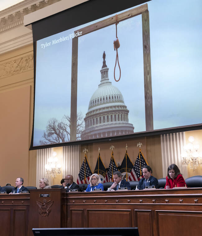 ASSOCIATED PRESS
                                An image of a mock gallows on the grounds of the U.S. Capitol on Jan. 6, 2021, is shown as committee members from left to right, Rep. Adam Schiff, D-Calif., Rep. Zoe Lofgren, D-Calif., Chairman Bennie Thompson, D-Miss., Vice Chair Liz Cheney, R-Wyo., Rep. Adam Kinzinger, R-Ill., Rep. Jamie Raskin, D-Md., and Rep. Elaine Luria, D-Va., look on, as the House select committee investigating the Jan. 6 attack on the U.S. Capitol holds its first public hearing to reveal the findings of a year-long investigation, at the Capitol on Thursday.