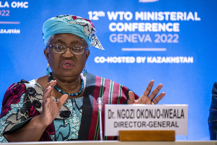 KEYSTONE VIA AP
                                Nigeria’s Ngozi Okonjo-Iweala, director general of the World Trade Organization, speaks at a press conference after the closing of the 12th Ministerial Conference at the headquarters of WTO in Geneva, Switzerland.
