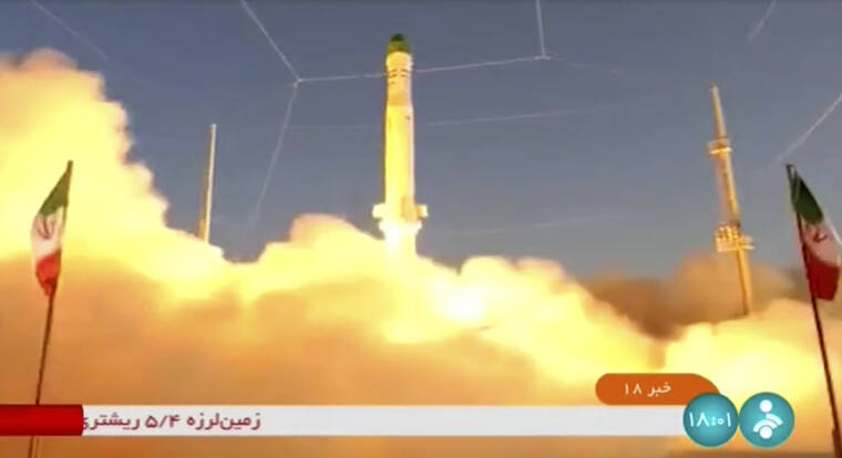 IRINN VIA AP
                                In this frame grab from video footage released today by Iran state TV, IRINN, shows an Iranian satellite-carrier rocket, called “Zuljanah,” blasting off from an undisclosed location in Iran.