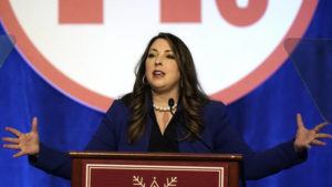 ASSOCIATED PRESS
                                Ronna McDaniel, the GOP chairwoman, speaks during the Republican National Committee winter meeting, Feb. 4, in Salt Lake City. “Biden and Democrats are woefully out of touch with the American people, and that’s why voters are flocking to the Republican Party in droves,” McDaniel told The Associated Press.