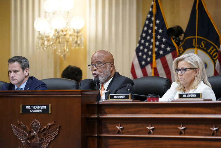 ASSOCIATED PRESS
                                Chairman Bennie Thompson, D-Miss., center, speaks as the House select committee investigating the Jan. 6 attack on the U.S. Capitol continues to reveal its findings of a year-long investigation, at the Capitol in Washington, Thursday. Rep. Adam Kinzinger, R-Ill., left, and Vice Chair Liz Cheney, R-Wyo., right, listen.