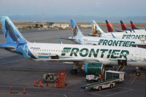 ASSOCIATED PRESS / 2019
                                Frontier Airlines jets sit at gates at Denver International Airport in Denver. Shares of Frontier Airlines and Spirit Airlines tumbled Monday, June 27, 2022, after their improved merger proposal won a key endorsement just days ahead of a crucial shareholder vote.