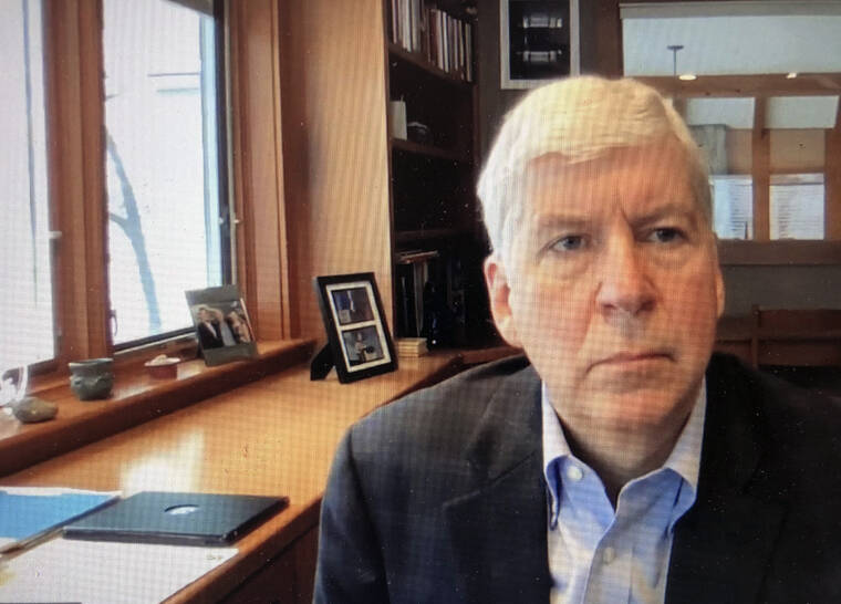 67TH DISTRICT COURT IN FLINT VIA ASSOCIATED PRESS
                                This screen shot from video, shows former Michigan Gov. Rick Snyder, during his Zoom hearing in the 67th District Court in Flint, Mich., in January 2020. A judge had no authority to issue indictments in the Flint water scandal, the Michigan Supreme Court said today in an extraordinary decision that wipes out charges against former Gov. Snyder, his health director and seven other people.