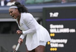 ASSOCIATED PRESS
                                Serena Williams celebrates after winning a point against France’s Harmony Tan in a first-round women’s singles match on day two of the Wimbledon tennis championships in London, today.