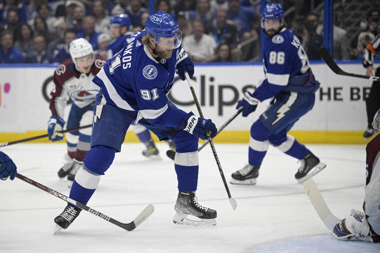 ASSOCIATED PRESS
                                Tampa Bay Lightning center Steven Stamkos scores on Colorado Avalanche goaltender Darcy Kuemper during the first period of Game 6 of the NHL hockey Stanley Cup Finals on Sunday.