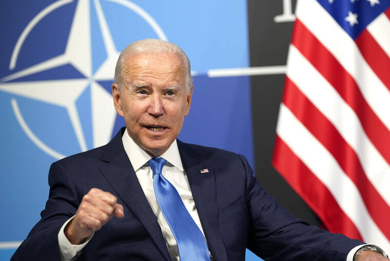 ASSOCIATED PRESS
                                President Joe Biden speaks during a meeting with NATO Secretary General Jens Stoltenberg at the NATO summit in Madrid, Spain, today. North Atlantic Treaty Organization heads of state and government will meet for a NATO summit in Madrid from Tuesday through Thursday.