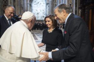 VATICAN MEDIA VIA ASSOCIATED PRESS
                                Pope Francis, greets Speaker of the House Nancy Pelosi, D-Calif., and her husband, Paul Pelosi before celebrating a Mass on the Solemnity of Saints Peter and Paul, in St. Peter’s Basilica at the Vatican, today. Pelosi met with Pope Francis today and received Communion during a papal Mass in St. Peter’s Basilica, witnesses said, despite her position in support of abortion rights.