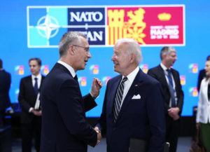 ASSOCIATED PRESS
                                NATO Secretary General Jens Stoltenberg, left, speaks with President Joe Biden during a round table meeting at a NATO summit in Madrid, Spain, today. North Atlantic Treaty Organization heads of state will meet for the final day of a NATO summit in Madrid today.