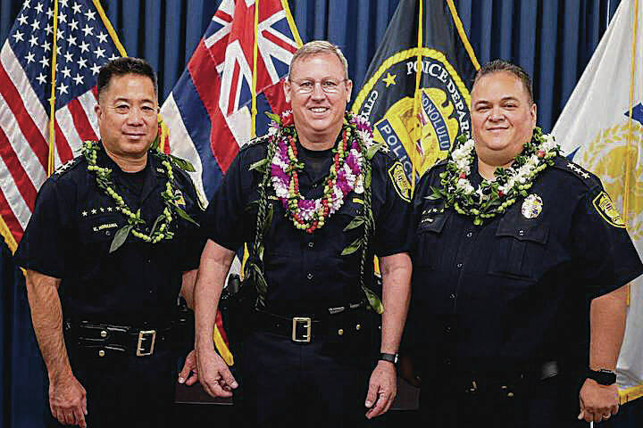 COURTESY HONOLULU POLICE DEPARTMENT / FACEBOOK
                                Arthur “Joe” Logan, center, was sworn in as the Honolulu Police Department’s 12th chief during a private ceremony on Tuesday. Formerly retired HPD Maj. Keith Horikawa, left, and former interim Chief Rade Vanic, were sworn in as Logan’s deputy chiefs.