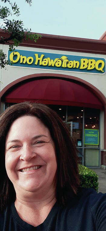 Linda Elento of Kaneohe snapped a selfie in front of an Ono Hawaiian BBQ restaurant in Redlands, Calif., in April.