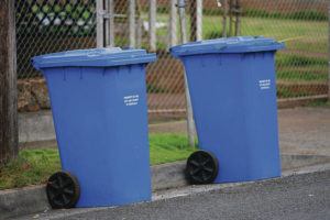 STAR-ADVERTISER
                                Blue bins with recyclable materials awaited collection in Mililani.