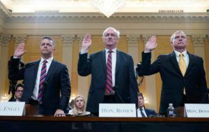 ASSOCIATED PRESS
                                Steven Engel, former Assistant Attorney General for the Office of Legal Counsel, from left, Jeffrey Rosen, former acting Attorney General, and Richard Donoghue, former acting Deputy Attorney General, are sworn in to testify as the House select committee investigating the Jan. 6 attack on the U.S. Capitol continues to reveal its findings of a year-long investigation, at the Capitol in Washington, today.