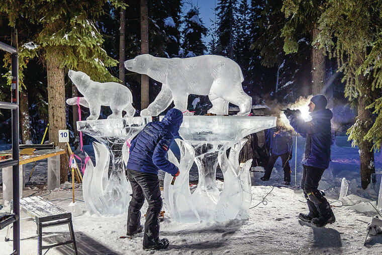 DOUGLAS PEEBLES / SPECIAL TO THE STAR-ADVERTISER
                                Ice artists worked on a sculpture at the 2022 World Ice Art Championships. The next event will be held from Feb. 13 to March 31, 2023.