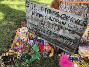 ASSOCIATED PRESS
                                A makeshift memorial for the dozens of Indigenous children who died more than a century ago while attending a boarding school that was once located nearby is displayed under a tree at a public park in Albuquerque, N.M., on July 1, 2021.