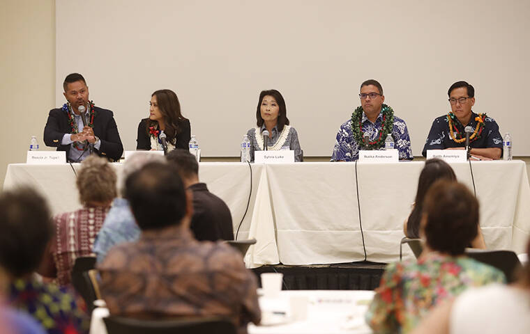 CINDY ELLEN RUSSELL / CRUSSELL@STARADVERTISER.COM
                                Lieutenant Governor candidates (left to right) Seaula Jr. Tupa‘i, Sherry Menor-McNamara, Sylvia Luke, Ikaika Anderson and Keith Amemiya participate in a forum held by the Rotary Club at the YWCA Laniakea on Tuesday, June 21, 2022.