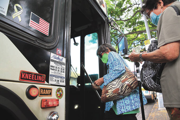 JAMM AQUINO / JAQUINO@STARADVERTISER.COM
                                 Upcoming changes at TheBus will affect daily, monthly and annual passes for adults, youths, seniors and the handicapped. Passengers boarded a bus Thursday near the state Capitol.