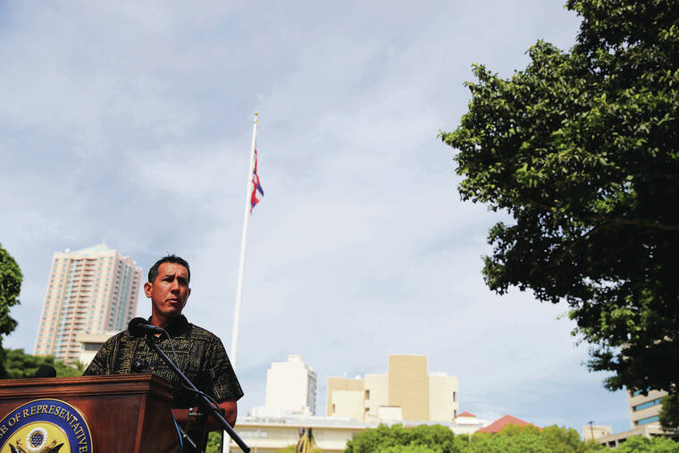 JAMM AQUINO / MARCH 17
                                U.S. Rep. Kai Kahele announced that he is now eligible for state campaign funds for his gubernatorial run by raising $100,000 through individual donations of $100 or less. Above, Kahele speaks at a news conference regarding federal legislation related to Makua Valley on Oahu.
