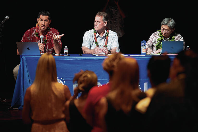 GEORGE F. LEE / GLEE@STARADVERTISER.COM
                                U.S. Reps. Kai Kahele, left, Ed Case and Board of Water Supply Manager and Chief Engineer Ernie Lau spoke to attendees of Monday night’s town hall meeting at Moanalua High School on the defueling of the Red Hill fuel tanks.
