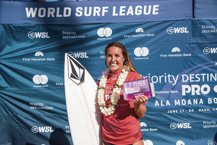 COURTESY TONY HEFF / WORLD SURF LEAGUE
                                Moana Jones Wong captured the women’s title in the WSL Priority Destinations Pro presented by First Hawaiian Bank and Mastercard at Ala Moana Bowls.