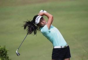 CINDY ELLEN RUSSELL / CRUSSELL@STARADVERTISER.COM
                                Raya Nakao teed off on the 16th hole Friday during the women’s division final of the 113th Manoa Cup at Oahu Country Club.