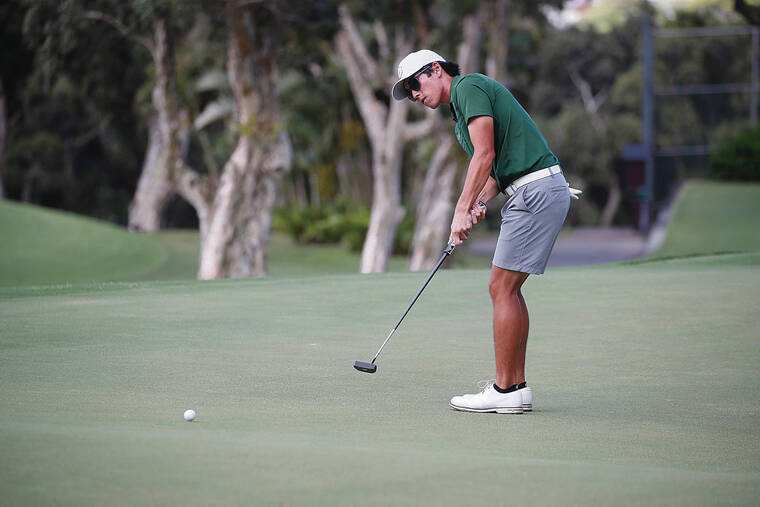 CINDY ELLEN RUSSELL / CRUSSELL@STARADVERTISER.COM
                                Garrett Takeuchi watched his putt on the 16th green — a putt he drained from 45 feet — in Tuesday’s first round of the Manoa Cup at Oahu Country Club.