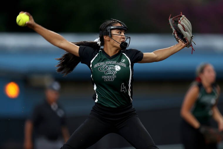 ANDREW LEE / SPECIAL TO THE STAR-ADVERTISER
                                Team Leaf’s Ailana Agbayani of ‘Iolani wound up for a pitch against Team Titan during the New City Nissan Goodwill Softball Classic Championship game Sunday at Rainbow Wahine Softball Stadium. Agbayani went the distance and got the win. She also batted 1-for-2 with a two-run double, three walks and a stolen base.