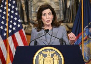 HANS PENNINK / AP
                                New York Gov. Kathy Hochul speaks to reporters about legislation passed during a special legislative session in the Red Room at the state Capitol, Friday, in Albany, N.Y.