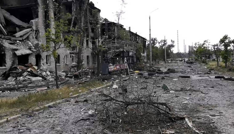 LUHANSK REGION MILITARY ADMINISTRATION VIA AP
                                In this photo provided by the Luhansk region military administration, damaged residential buildings are seen in Lysychansk, Luhansk region, Ukraine, early today.