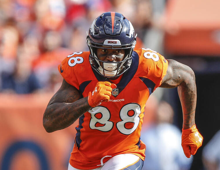 ASSOCIATED PRESS
                                Denver Broncos wide receiver Demaryius Thomas runs against the Oakland Raiders, in September 2018, during the second half of a game in Denver. Former NFL star Demaryius Thomas, who died last December at age 33, had CTE, his family said Tuesday.