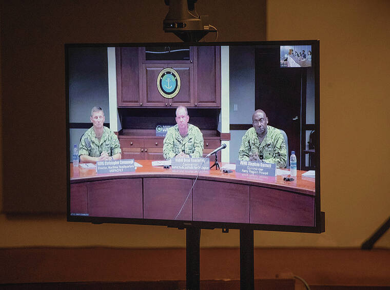 CINDY ELLEN RUSSELL / CRUSSELL@STARADVERTISER.COM
                                State Sen. Donna Mercado Kim grilled Navy officials at Tuesday’s briefing on Red Hill at the state Capitol. Above, are Rear Adm. Christopher Cavanaugh, left, Rear Adm. Dean VanderLey and Rear Adm. Stephen Barnett, who attended the meeting virtually.