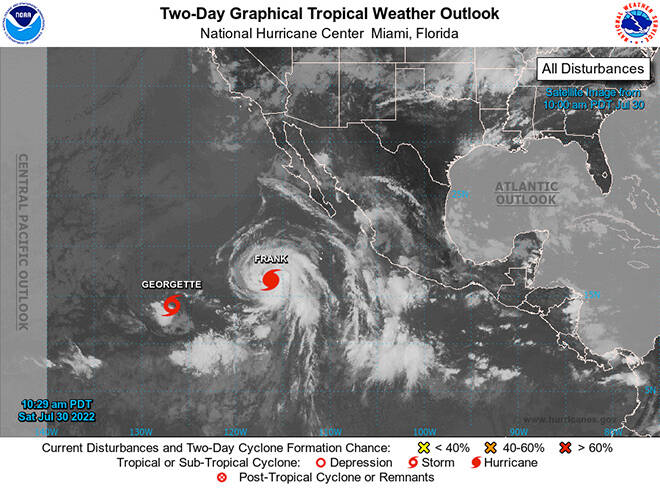 COURTESY NATIONAL HURRICANE CENTER
                                Hurricane Frank and Tropical Storm Georgette are churning in the East Pacific but pose no threat to land.