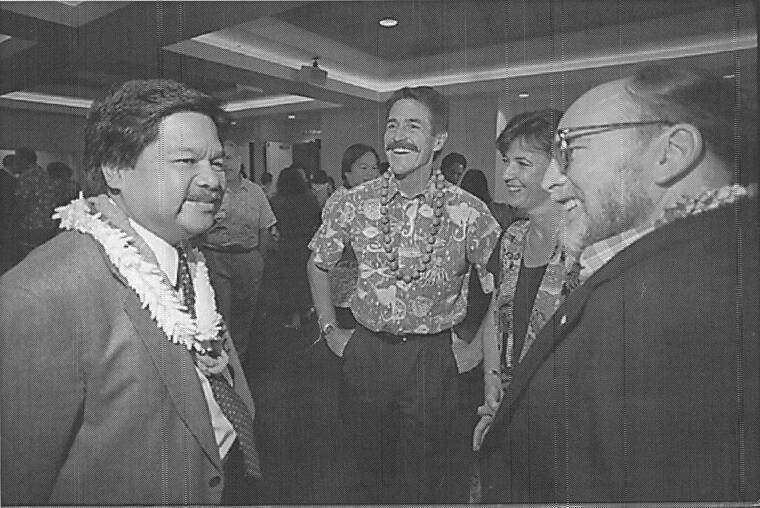 STAR-ADVERTISER / 1994
                                Ben Cayetano, left, is greeted by Jack Lewin, center, at the Democratic Party rally on Sept. 19, 1994.