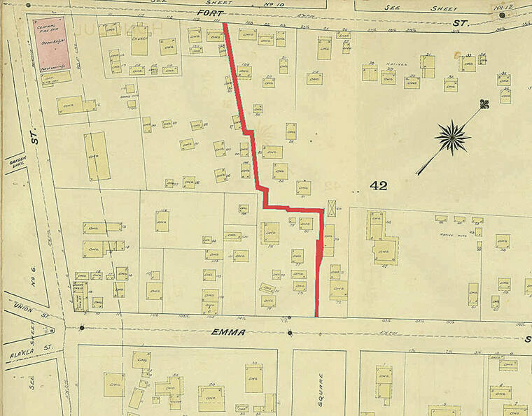 DAKIN INSURANCE, 1899
                                Corkscrew Lane, in red, bisected the block bounded by Beretania Street, running vertically along the left, Fort Street, Kukui Street and Queen Emma Street. Capitol Place and Pacific Honda are there now.