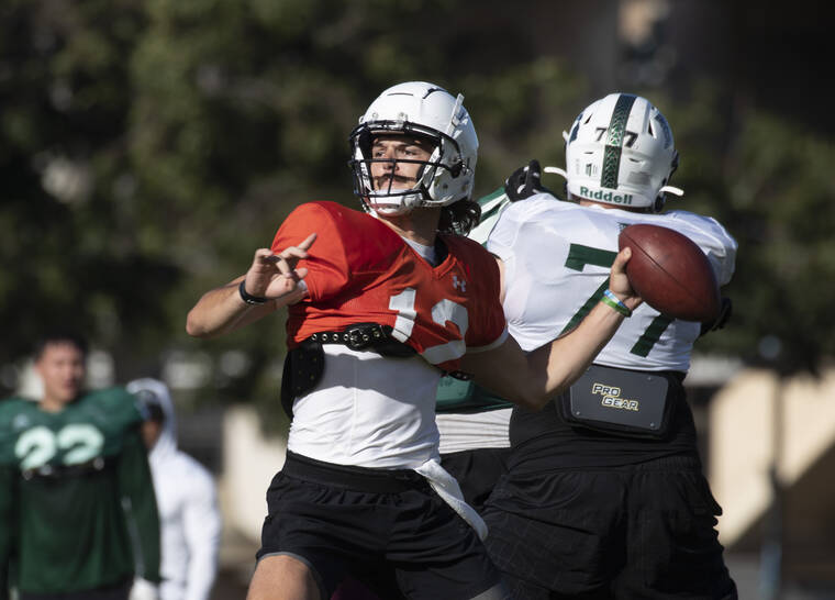 CINDY ELLEN RUSSELL / CRUSSELL@STARADVERTISER.COM
                                Hawaii quarterback Cammon Cooper throws the ball during practice on March 31.