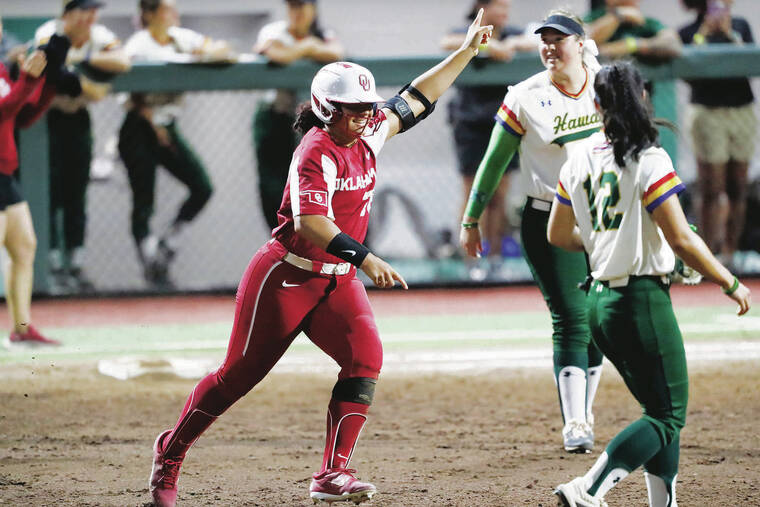 GEORGE F. LEE / MARCH 11
                                Oklahoma and former Campbell star Jocelyn Alo broke the NCAA record for career home runs, hitting her 96th against Hawaii at Rainbow Wahine Softball Stadium on March 11.