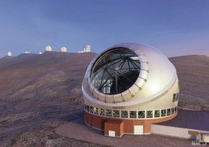 An artist’s rendering of TMT against a backdrop of other Maunakea telescopes.