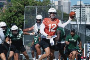 CRAIG T. KOJIMA / CKOJIMA@ STARADVERTISER.COM
                                Quarterback Cammon Cooper looked for an open target during UH’s first practice on Wednesday at the grass practice field in Manoa.