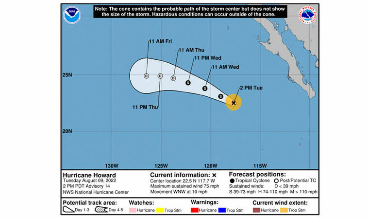 COURTESY NATIONAL HURRICANE CENTER
                                The 5-day forecast of Hurricane Howard in the Eastern Pacific.