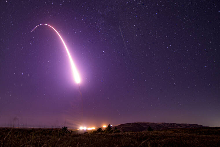 STAFF SGT. J.T. ARMSTRONG/U.S. AIR FORCE VIA ASSOCIATED PRESS
                                An unarmed Minuteman 3 intercontinental ballistic missile test launch, in October 2019, at Vandenberg Air Force Base, Calif. An unarmed Minuteman 3 intercontinental ballistic missile was launched from California early today in a routine test of the weapon system, the U.S. Air Force said.