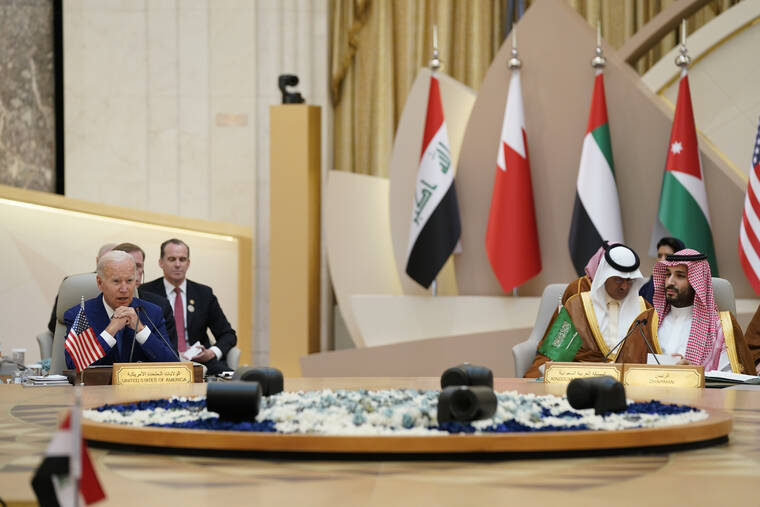 ASSOCIATED PRESS / JULY 16
                                President Joe Biden and Saudi Crown Prince Mohammed bin Salman, far right, attend the Gulf Cooperation Council in Jeddah, Saudi Arabia. The Biden administration on Tuesday approved two massive arms sales to Saudi Arabia and the United Arab Emirates to help them defend against Iran.