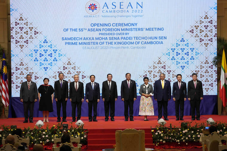 HENG SINITH / AP
                                From left to right; Malaysian Foreign Minister Saifuddin Abdullah, Philippines Foreign Affairs acting Undersecretary Theresa Lazaro, Singapore Foreign Minister Vivian Balakrishnan, Thailand’s Foreign Minister Don Pramudwinai, Vietnam Foreign Minister But Thanh Son, Cambodia’s Prime Minister Hun Sen, Cambodia’s Foreign Minister Peak Sokhonn, Indonesia’s Foreign Minister Retno Marsudi, Brunei Second Minister of Foreign Affair Erywan Yusof, Laos Foreign Minister Saleumxay Kommasith, and Secretary-General of ASEAN Lim Jock Hoi poses for a group photograph during the opening for the 55th ASEAN Foreign Ministers’ Meeting (55th AMM) in Phnom Penh, Cambodia, Wednesday, Aug. 3.