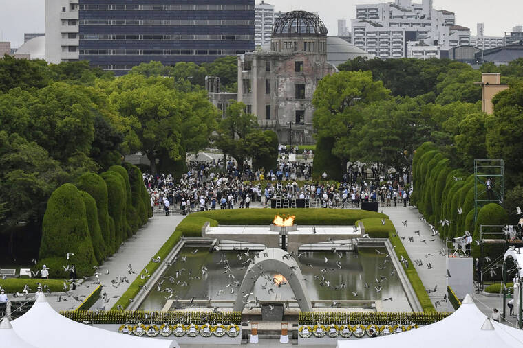 KYODO NEWS VIA AP
                                Doves fly over the cenotaph dedicated to the victims of the atomic bombing during the ceremony marking the 77th anniversary of the world’s first atomic bombing at the Hiroshima Peace Memorial Park in Hiroshima, Japan.