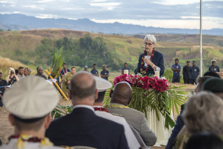 PETTY OFFICER CHRIS WEISSENBORN/NZDF VIA ASSOCIATED PRESS
                                U.S. Deputy Secretary of State Wendy Sherman speaks at a dawn service at Bloody Ridge as part of commemorations to mark the 80th anniversary of the Battle of Guadalcanal near Honiara, Solomon Islands, Monday. A Japanese sailor was attacked during the World War II memorial service that was also attended by U.S. Deputy Secretary of State Wendy Sherman.